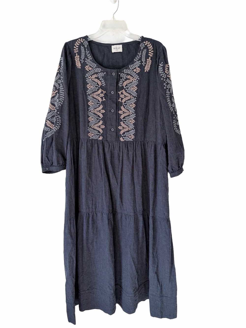Wrap London Dark Blue Gray Linen Embroidered Long MIDI Dress size US 16